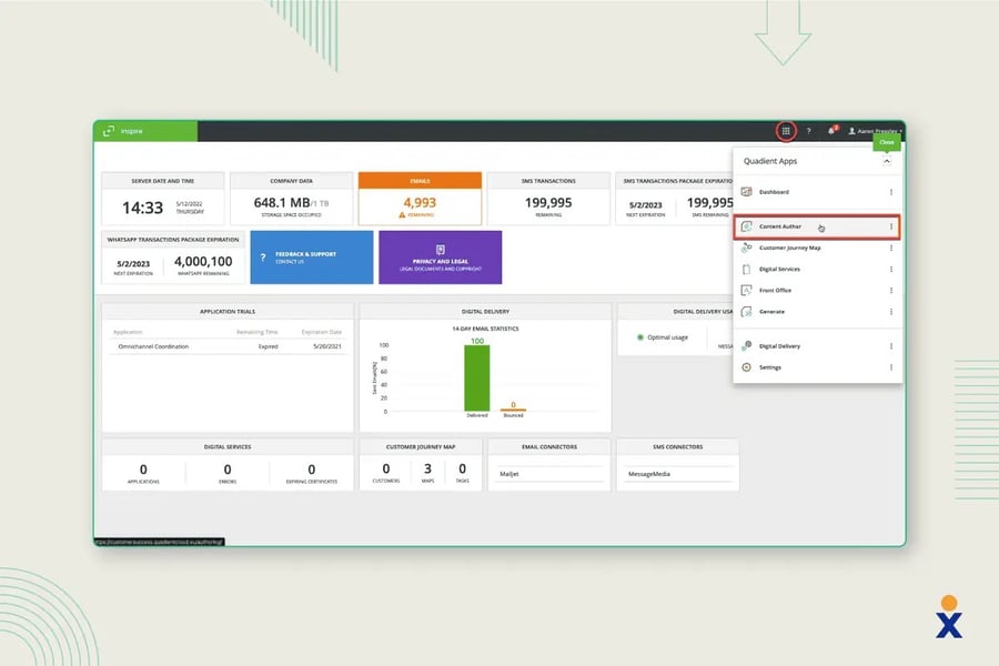 A screenshot shows Quadient Inspire’s customer communication management software.
